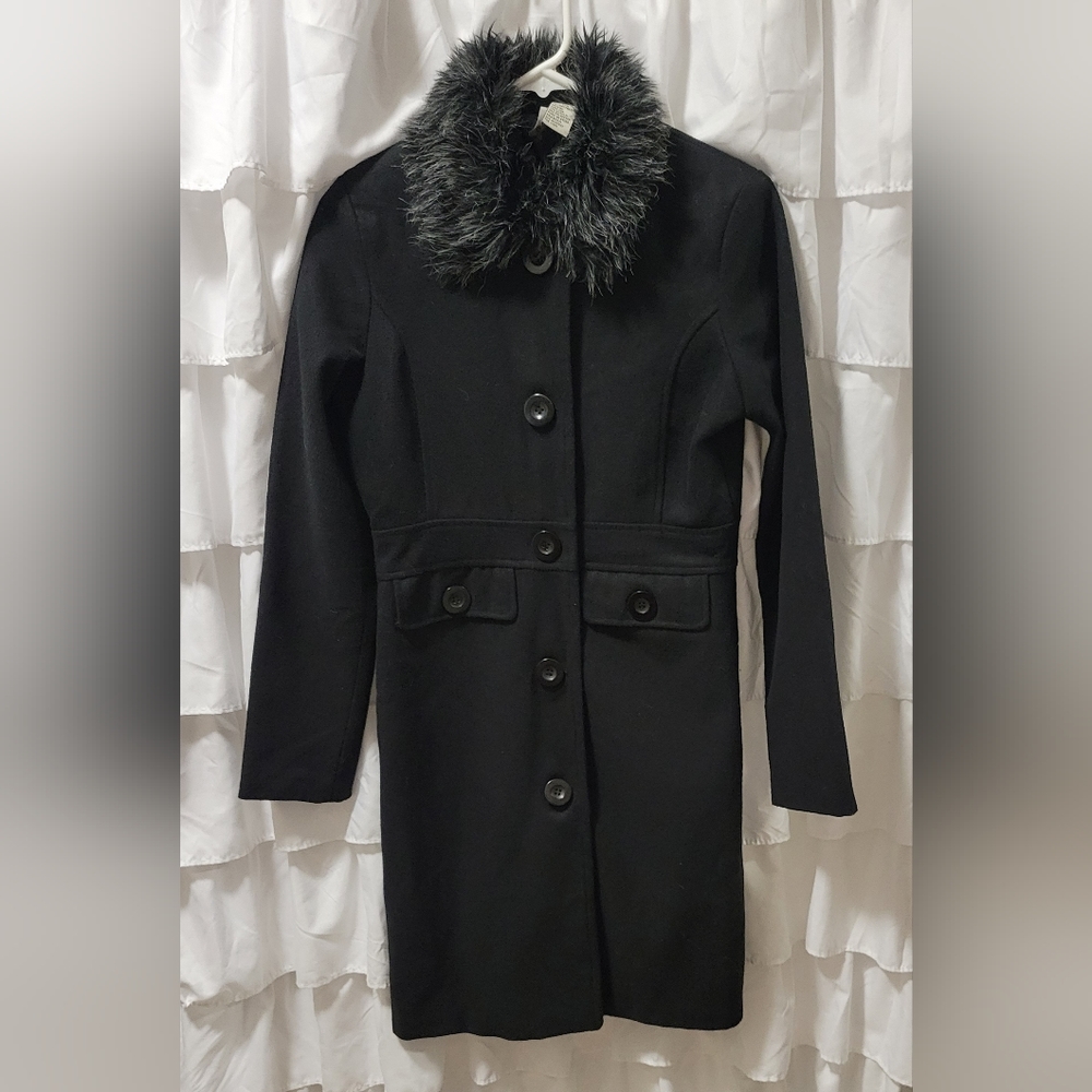 Voice  Long Wool Coat Faux Fur Collar Button Up Fully Lined - Picture 3 of 16